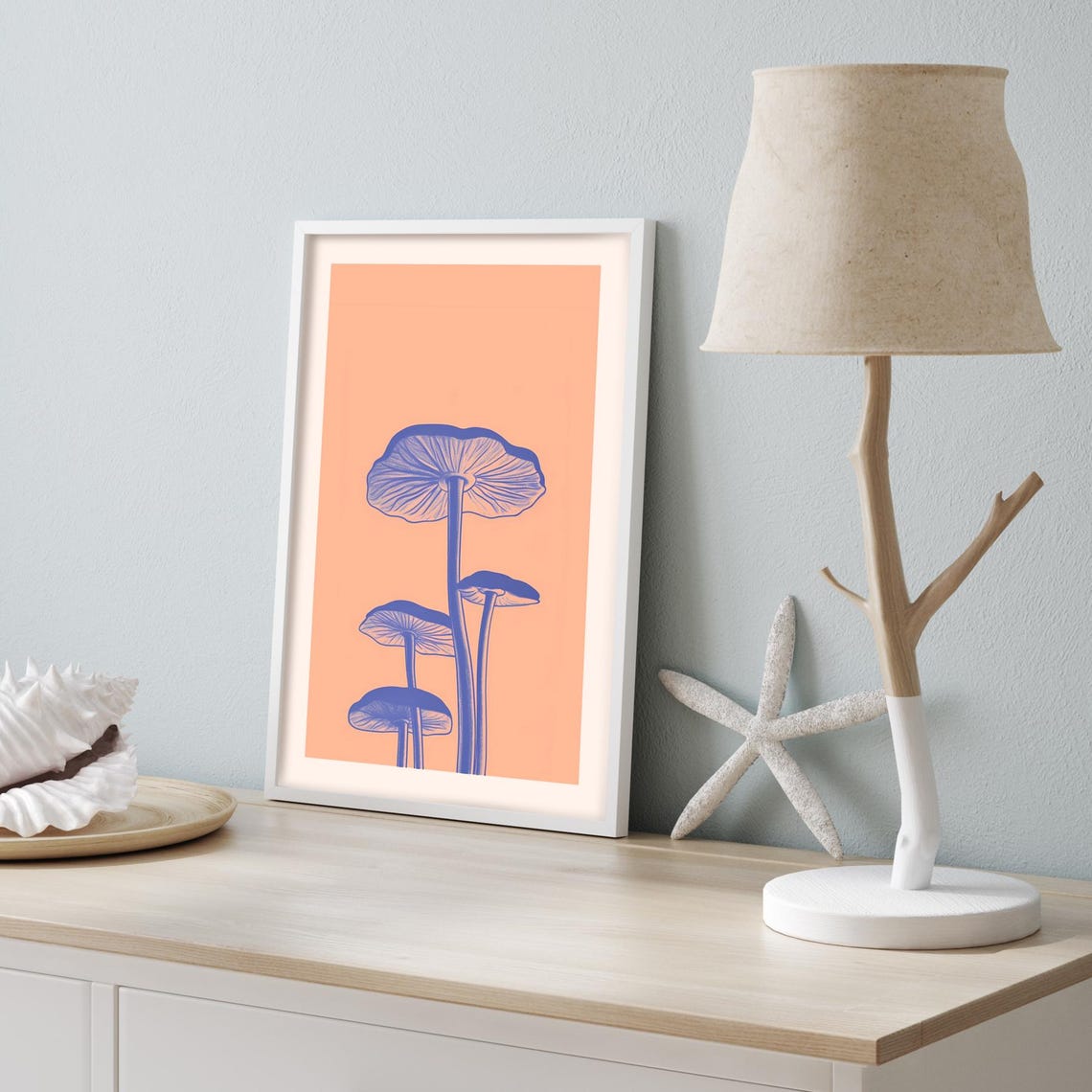 Blue Mushrooms Peach Background Botanical Illustration Poster - Image 4