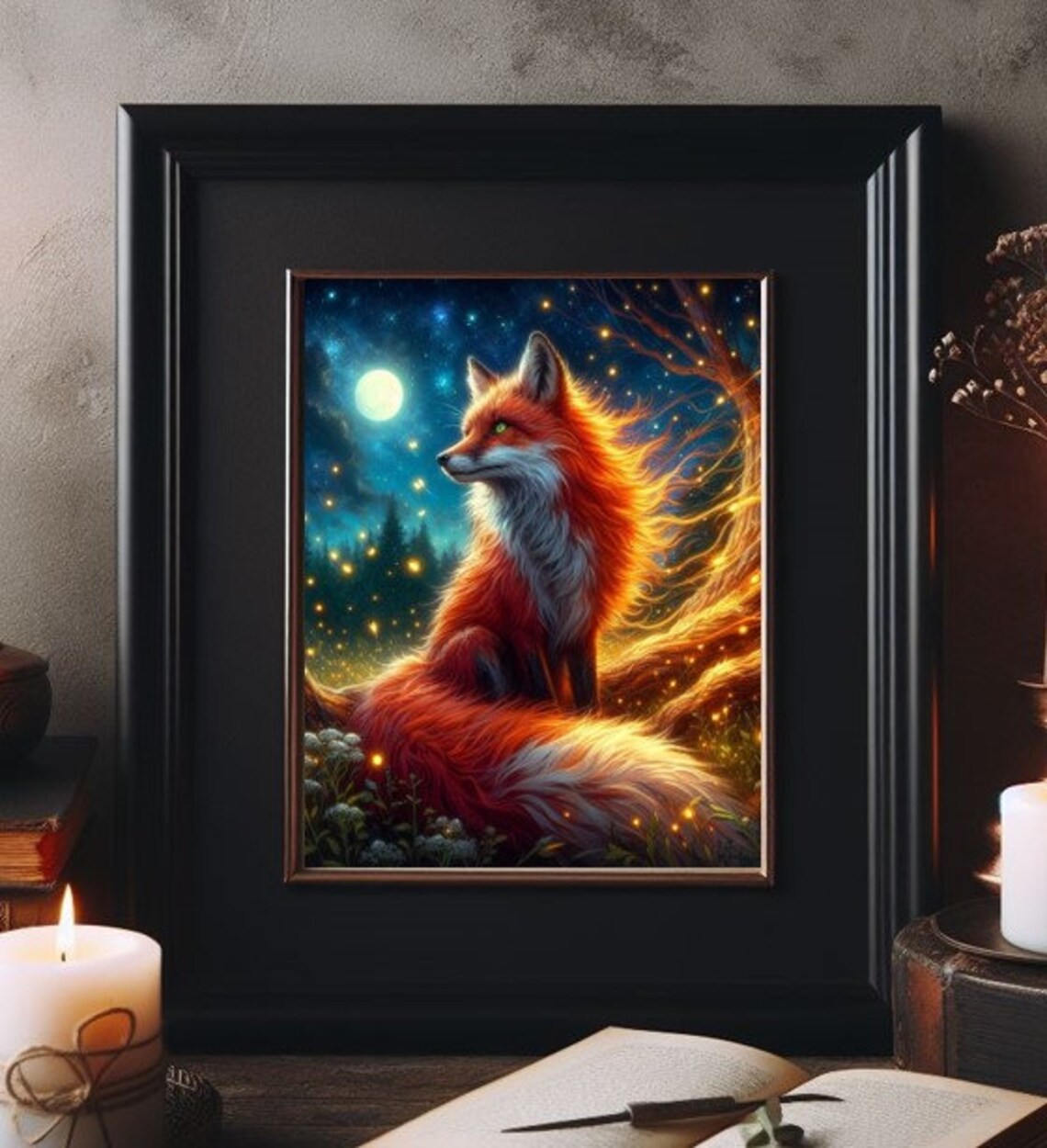 Red Fox Under Moonlight with Fireflies in a Magical Forest Night Poster
