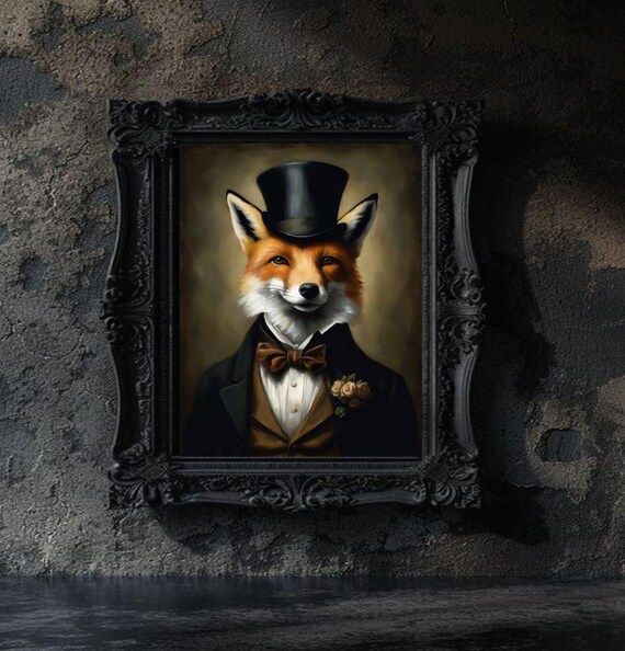 Gentleman Fox In A Top Hat Dark Victorian Style Portrait Print