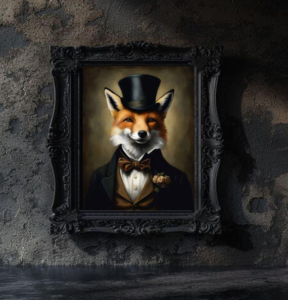 Mr Fox Gentleman In A Suit Top Hat Fantasy Dark Academia Renaissance Portrait Animal Red Classy Art Picture Painting Print
