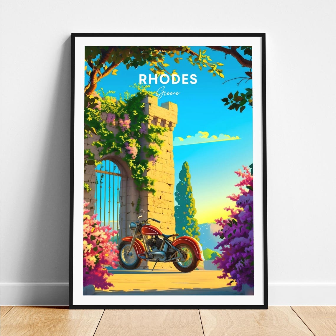 Rhodes Greece Red Vintage Motorcycle by a Castle Gate Poster