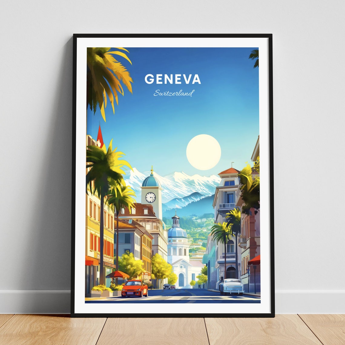 Geneva Switzerland Old Town Street Clock Tower Alpine Travel Poster