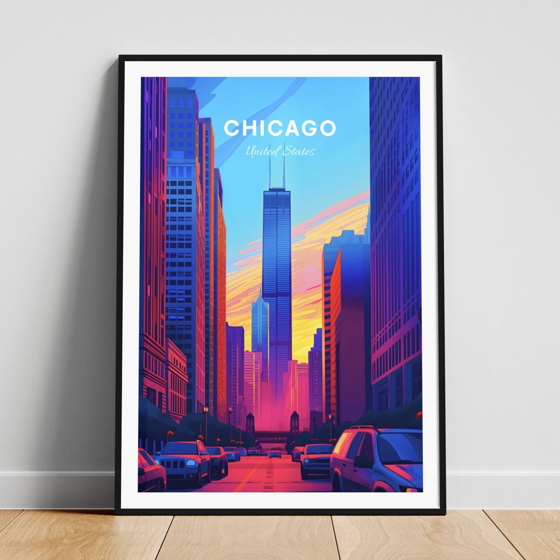 Chicago Illinois Neon Downtown Street Sunset Traffic Travel Art Poster