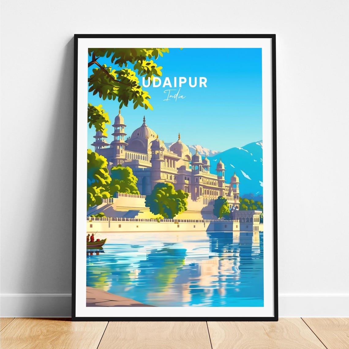 Udaipur India City Palace Lake Pichola Boat View Travel Poster
