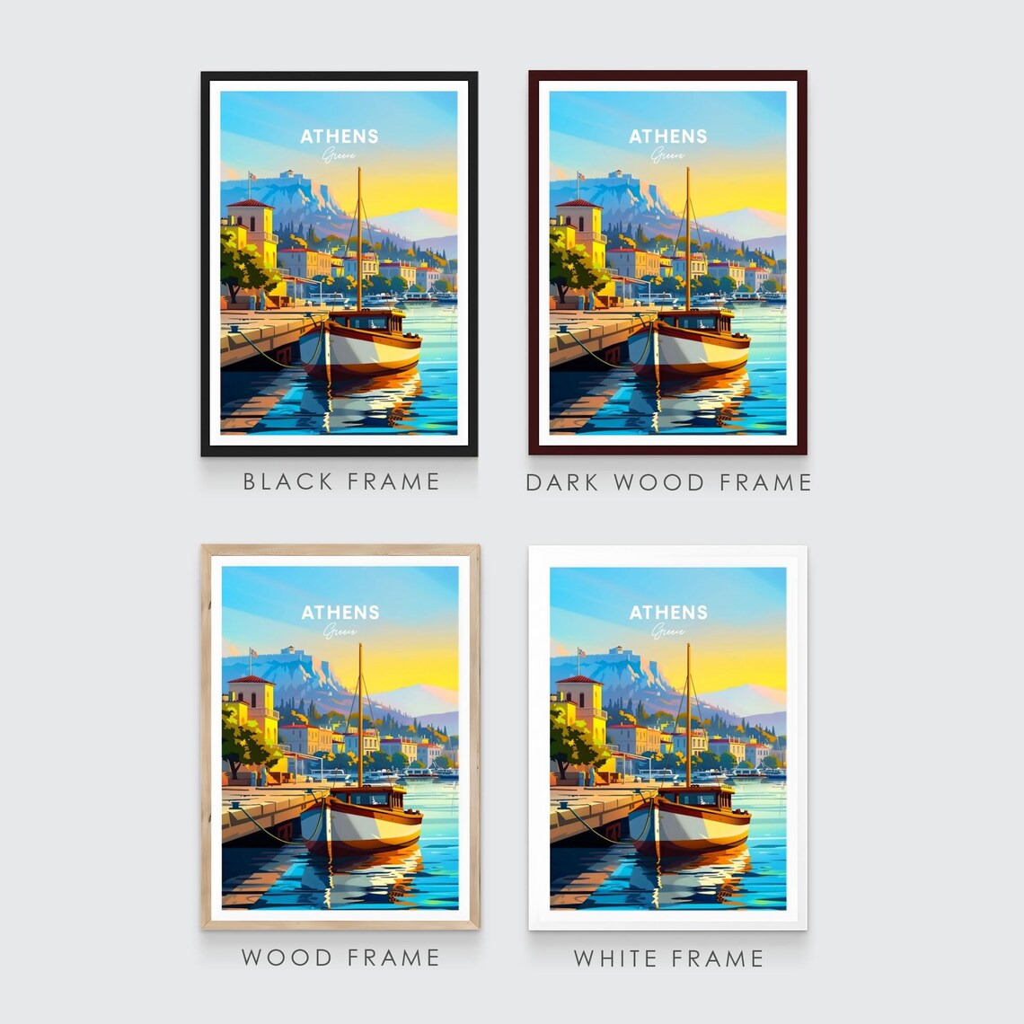 Athens Harbor Fishing Boat Acropolis Sunset Greece Travel Poster - Image 3
