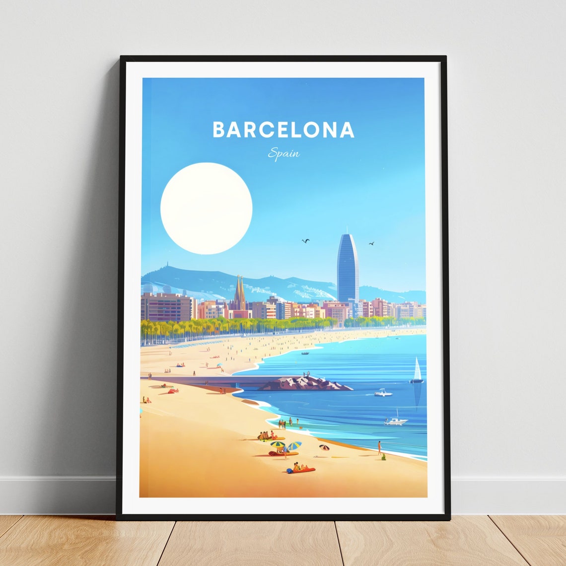 Barcelona Spain Sunny Beach City Skyline Glowing Sun Travel Poster