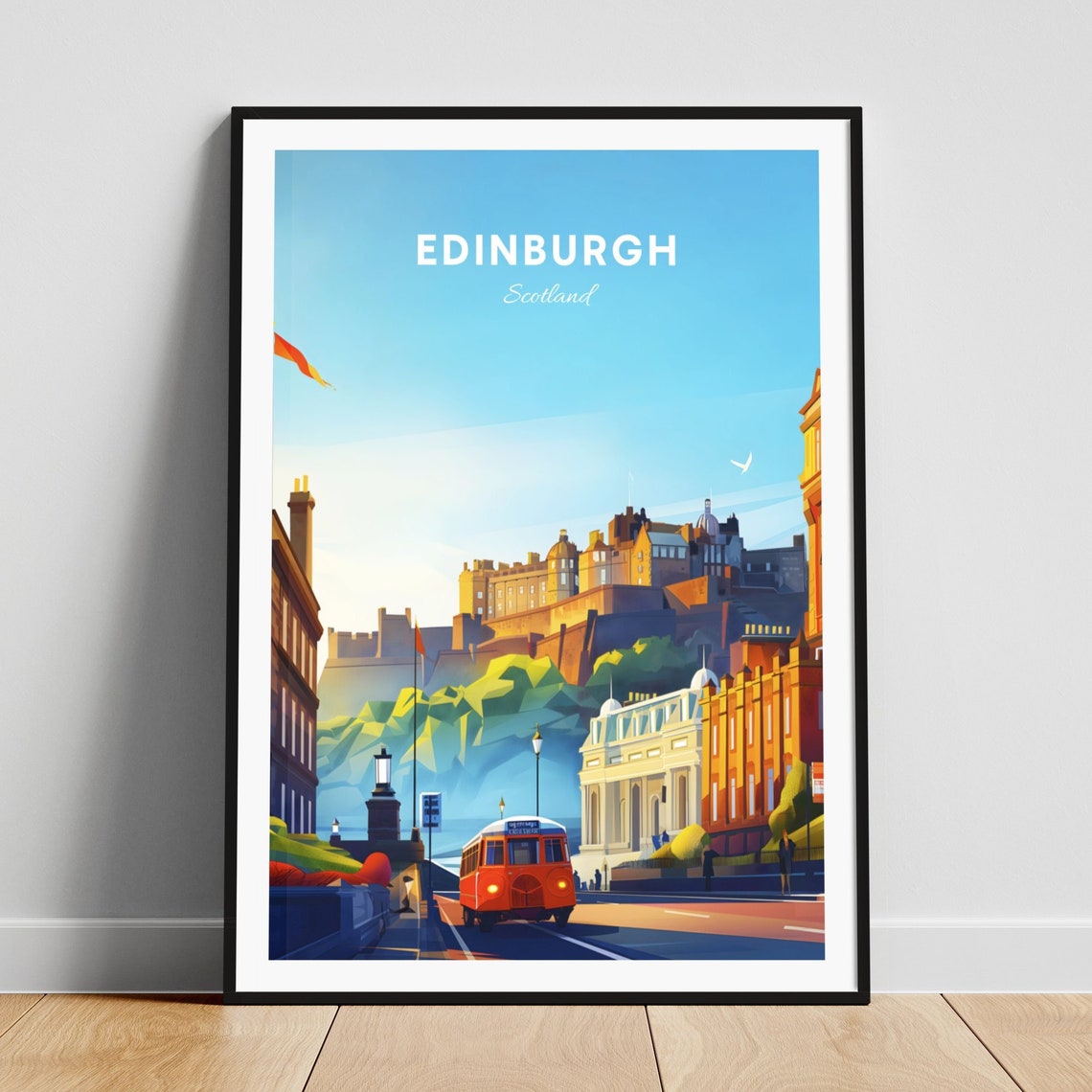 Edinburgh Scotland Red Tram Street Castle Hill Morning Travel Poster