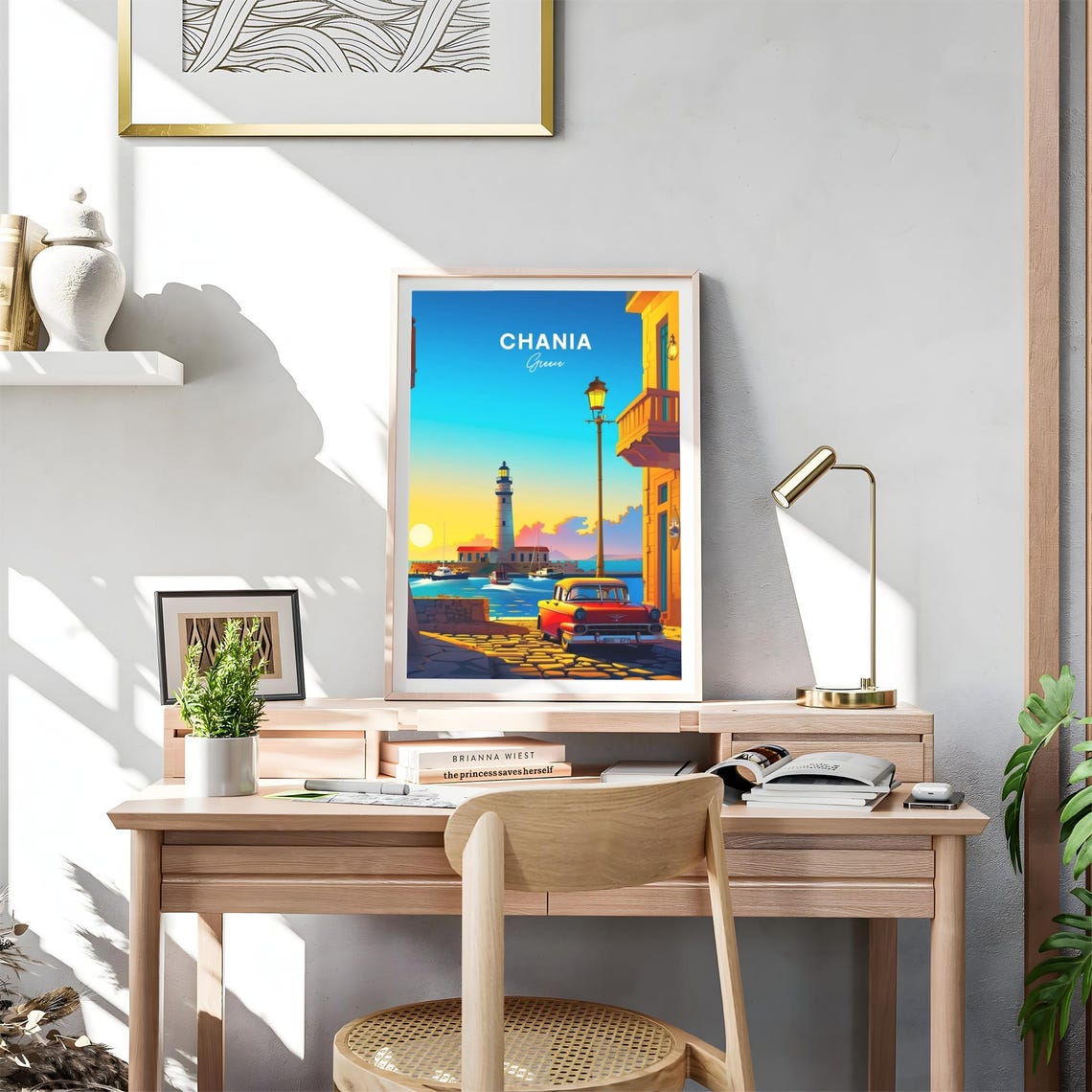 Chania Greece Harbor Lighthouse at Sunset with Red Vintage Car Poster - Image 4