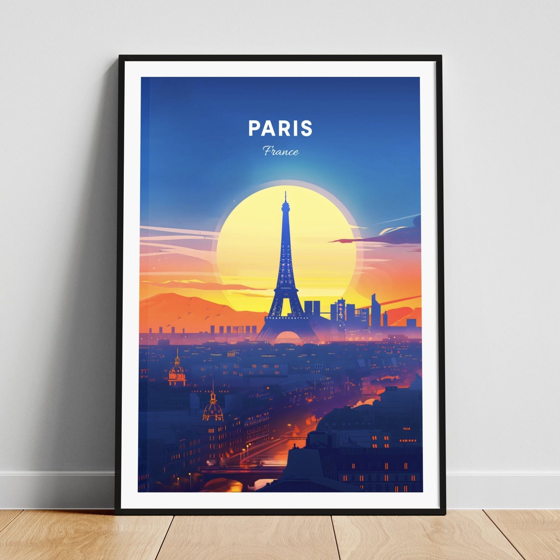 Paris France Eiffel Tower Sunset Skyline Romantic Travel Poster Art