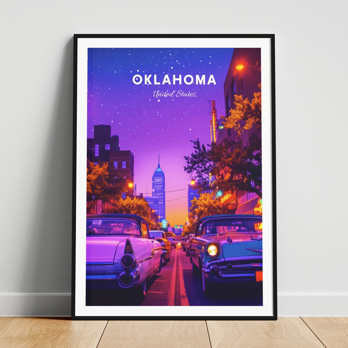 Oklahoma Night Street Neon Glow Classic Cars Starry Sky Travel Poster