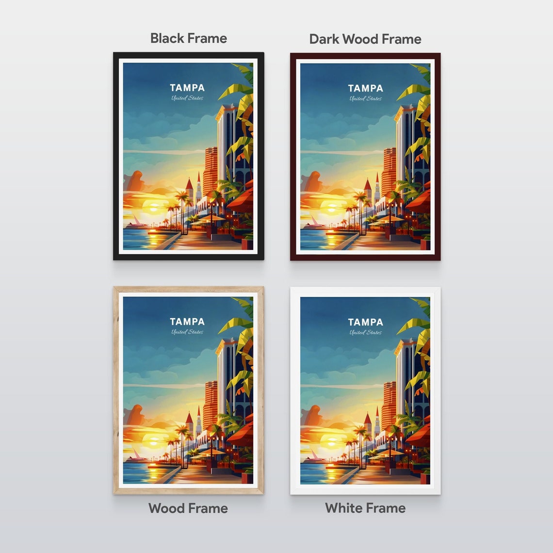 Tampa Florida Downtown Waterfront Sunset Skyline Travel Art Poster - Image 2