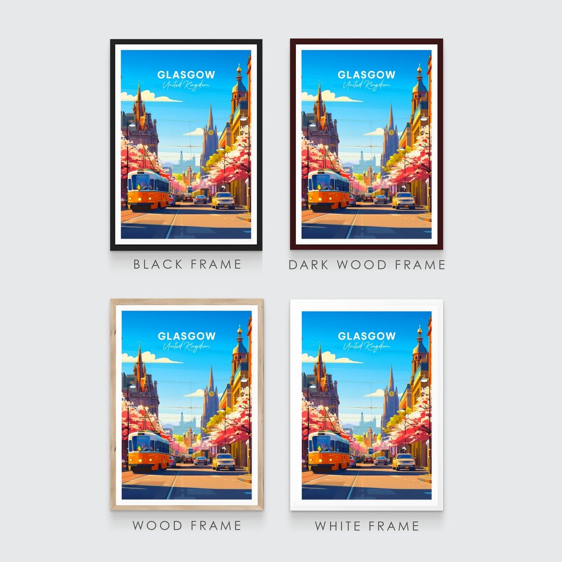 Glasgow Vintage Tram Street Blossom Spires City Travel Poster - Image 3