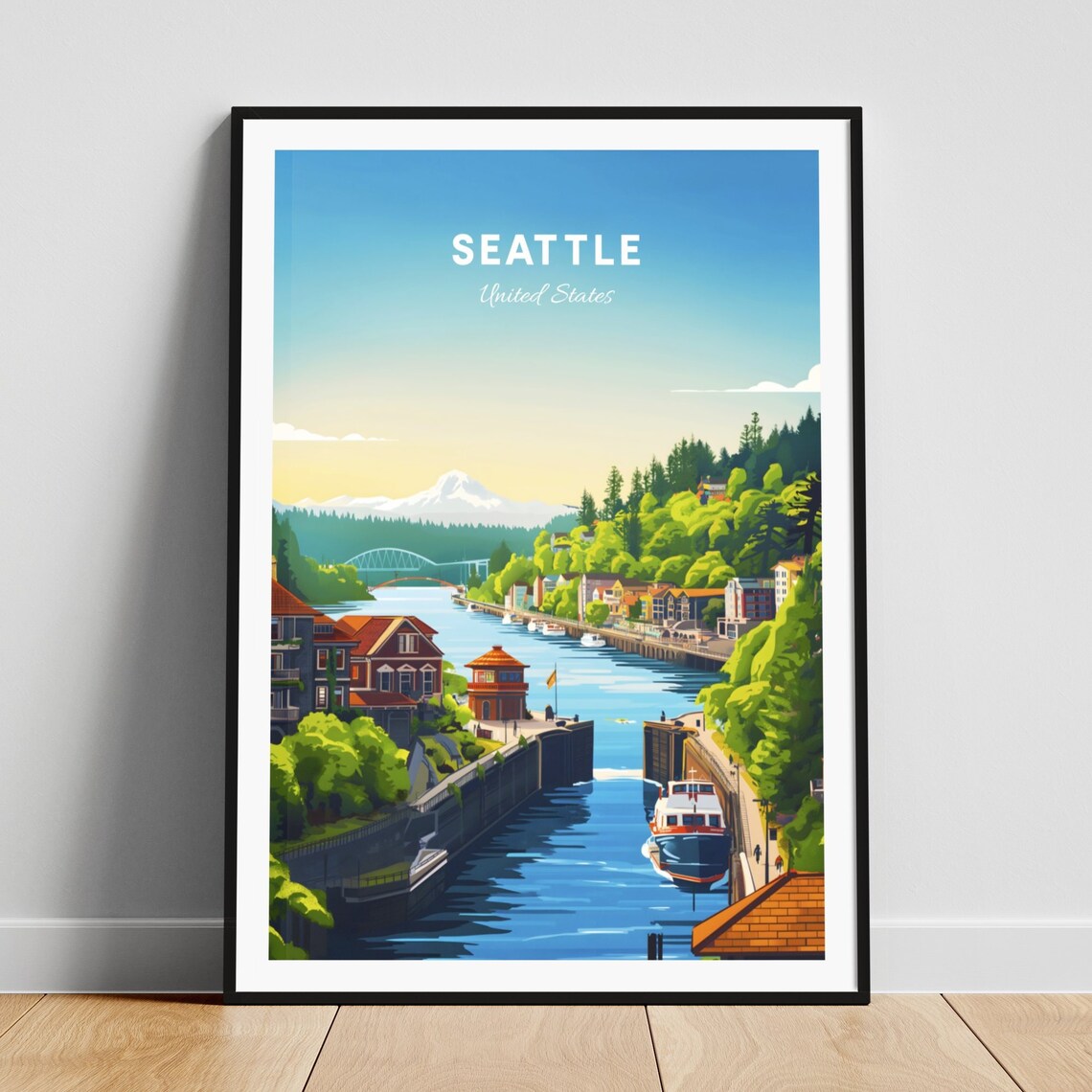 Seattle Washington Harbor Locks Boats Mount Rainier View Travel Poster