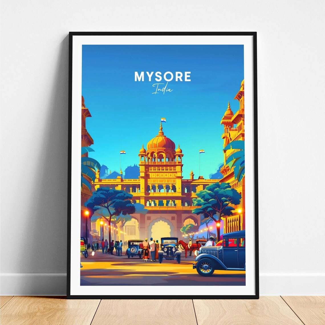 Mysore India Grand Golden Palace with Vintage Cars Travel Poster