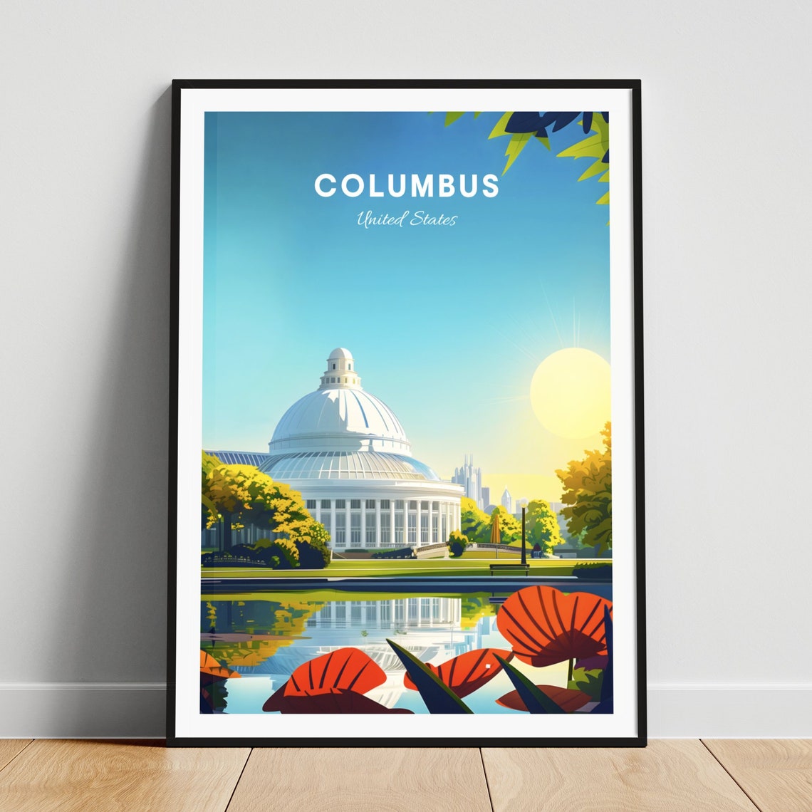 Columbus Ohio Glass Domed Conservatory Pond Sunny Day Poster