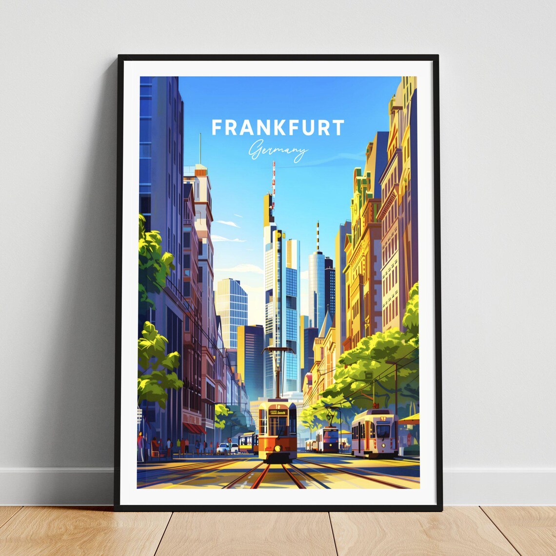 Frankfurt Germany Tram Avenue Modern Skyscrapers Travel Poster Art