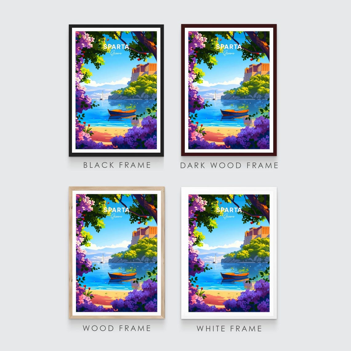Sparta Greece Rowboat Tranquil Bay Ruins Hill Blossom Travel Poster - Image 3