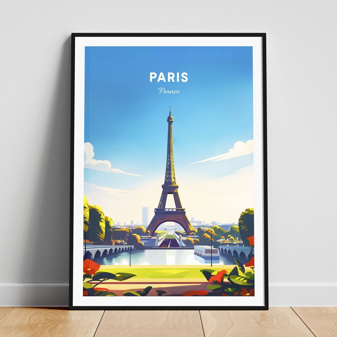 Paris France Eiffel Tower Seine River Blue Sky Travel Poster