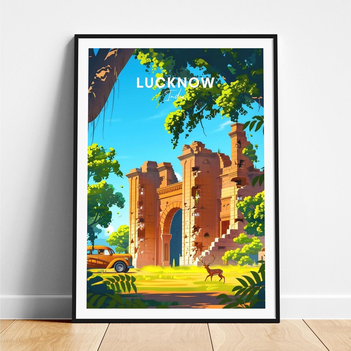 Lucknow Ancient Sandstone Arch Deer Vintage Car Travel Poster