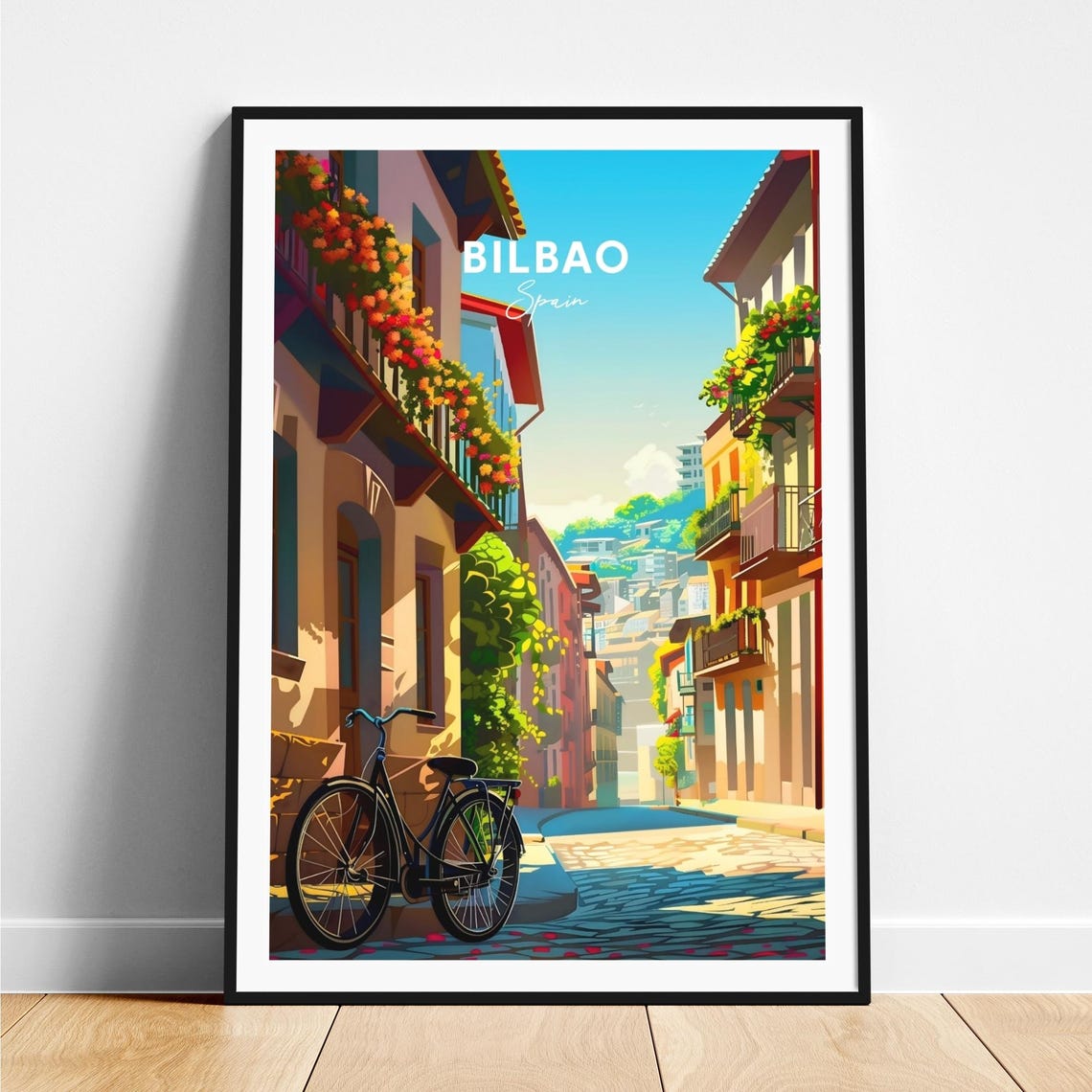 Bilbao Old Street Flower Balconies Bicycle Cobblestone Travel Poster