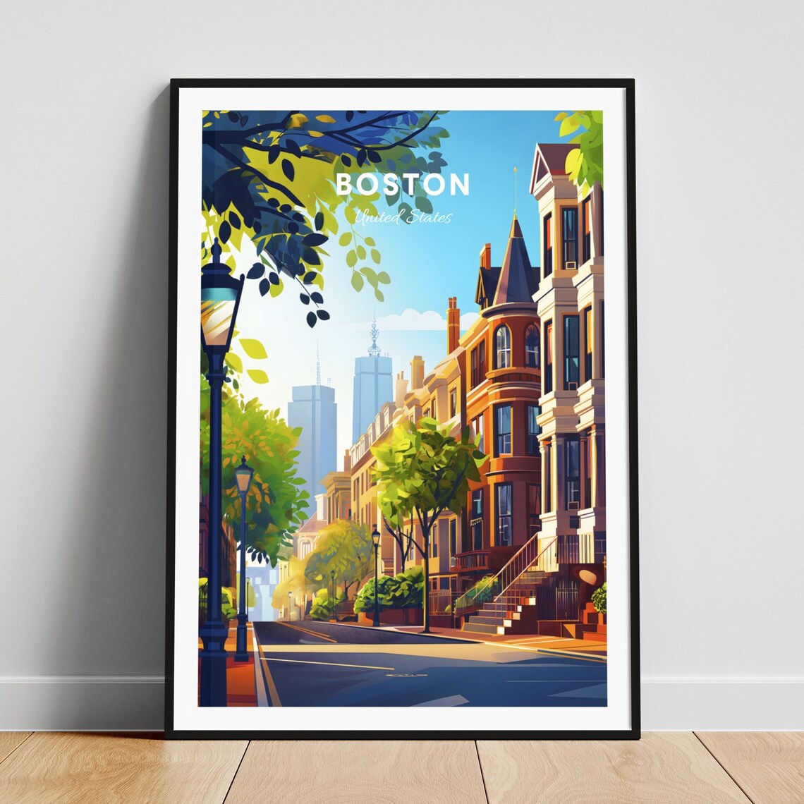 Boston Historic Townhouse Street Skyline View Vintage Travel Poster