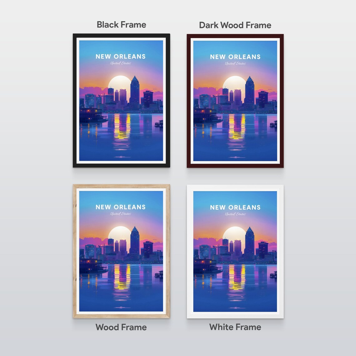 Vibrant New Orleans Sunset Skyline Reflections on Water Poster - Image 2