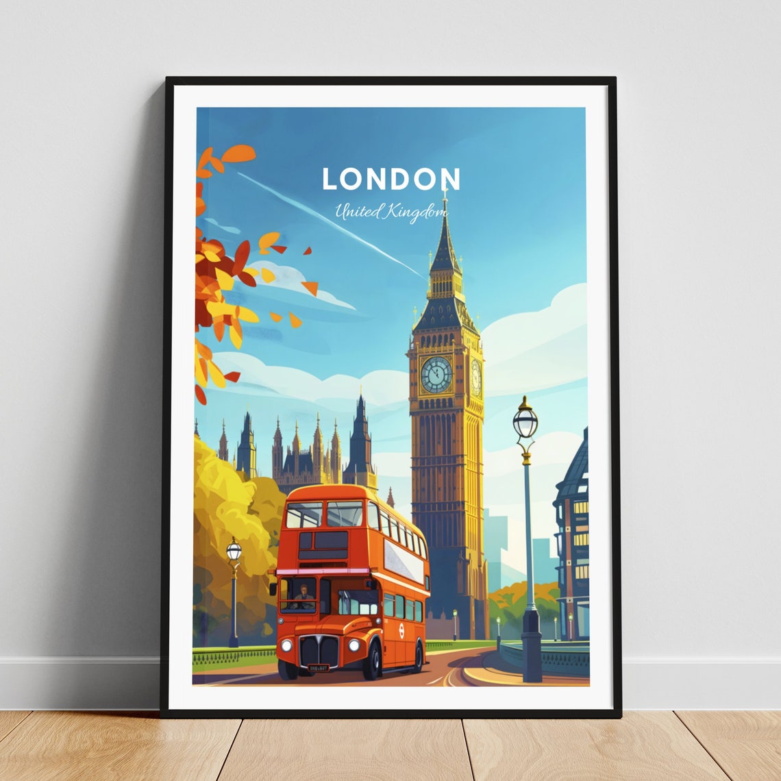 London England Big Ben Red Double Decker Bus Vintage Travel Poster
