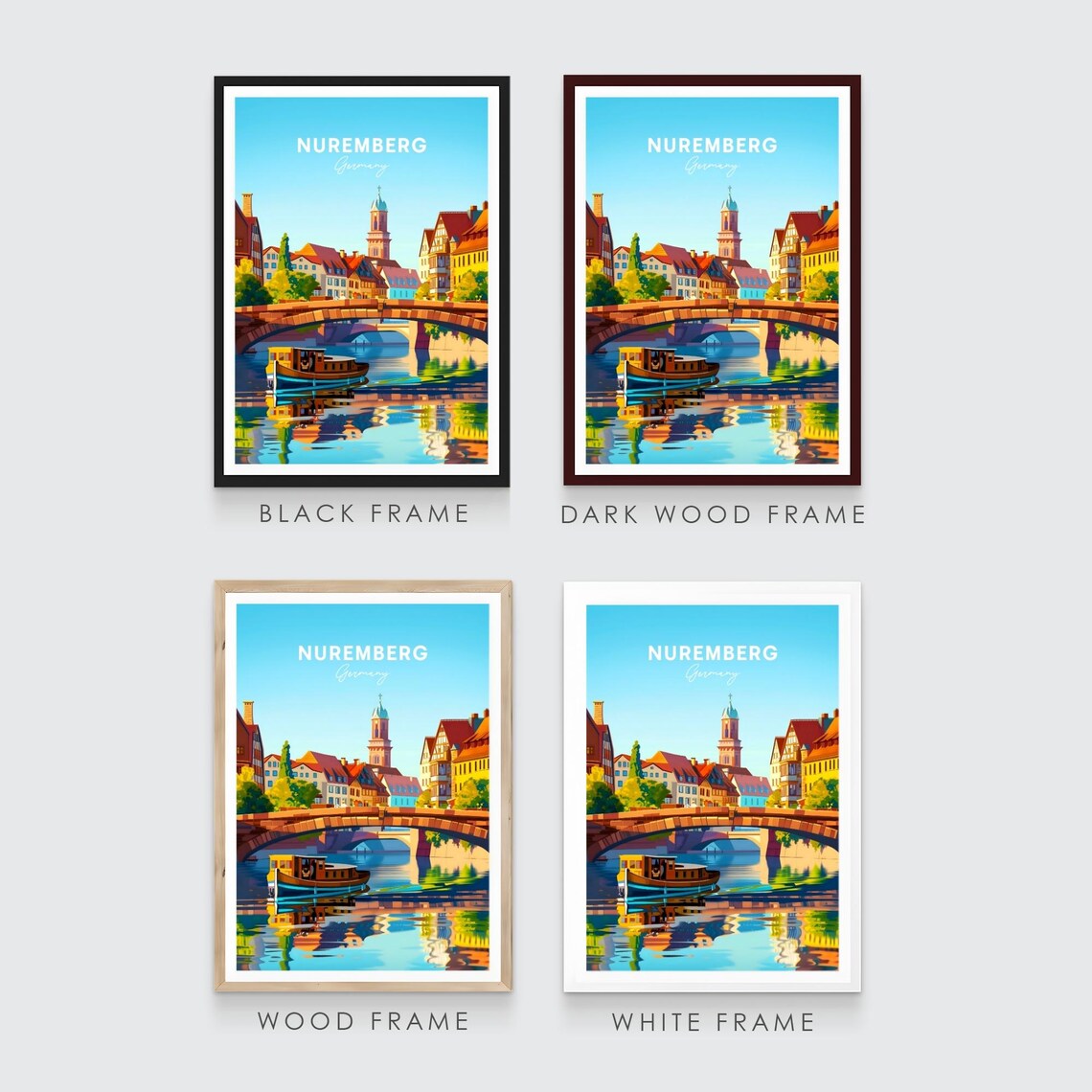 Nuremberg Sunny River Bridge Boat Old Town Germany Travel Poster - Image 3