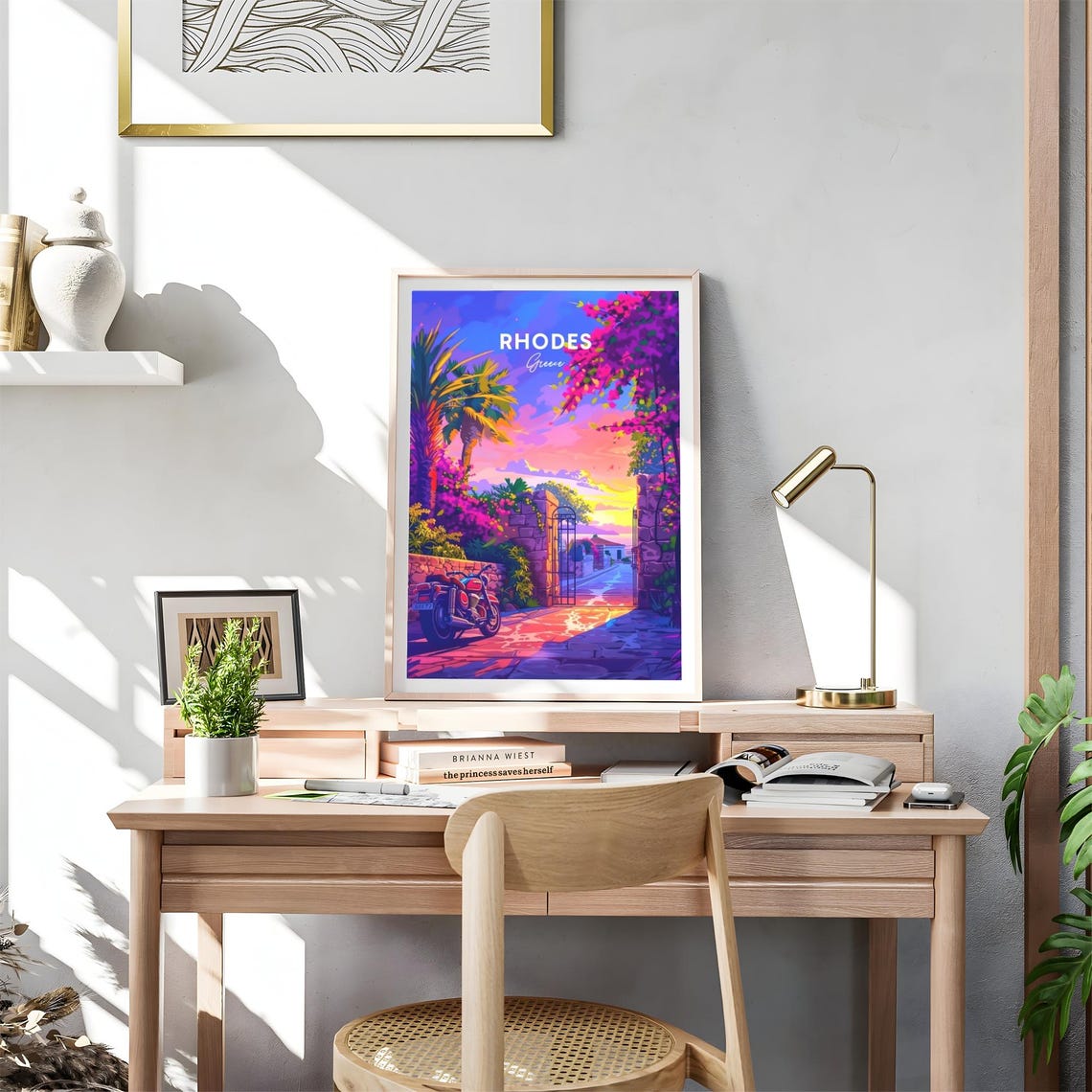 Rhodes Greece Sunset Stone Gate Bougainvillea Pink Travel Poster - Image 4