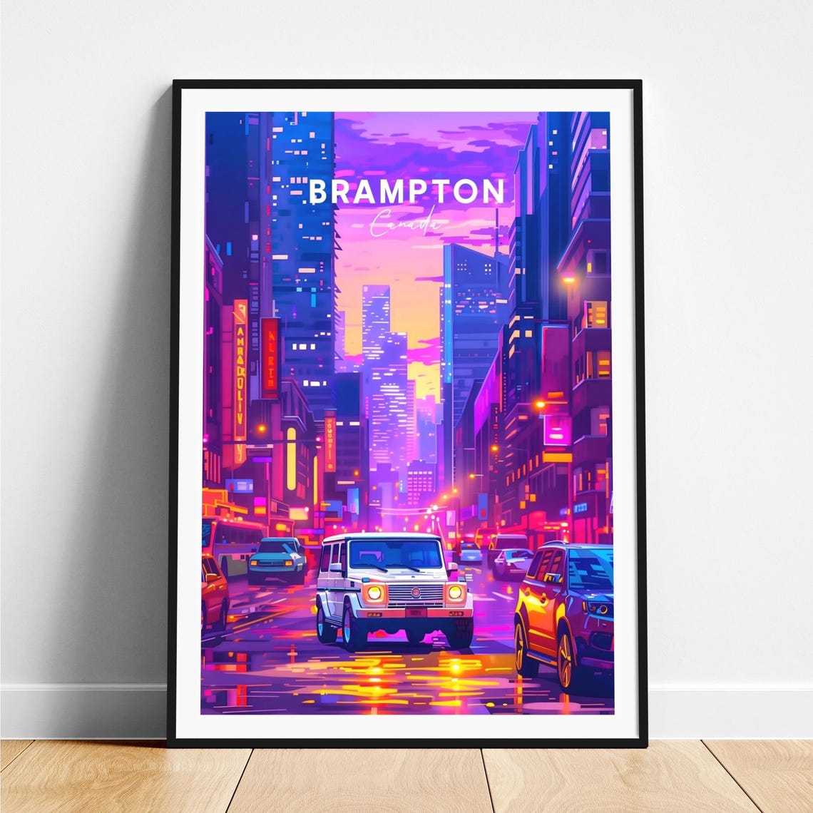 Brampton Canada Neon Downtown Night Street Traffic Scene Poster