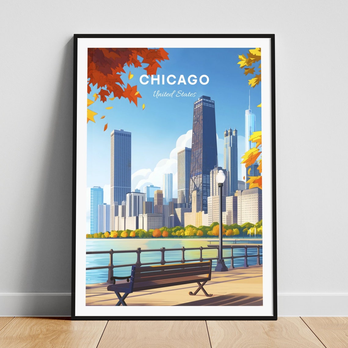 Chicago Illinois Lakefront Skyline Autumn Leaves Bench View Poster