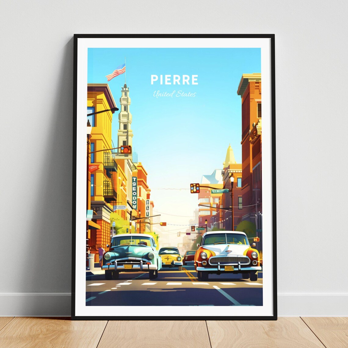 Pierre South Dakota Classic Cars Main Street Vintage Travel Poster