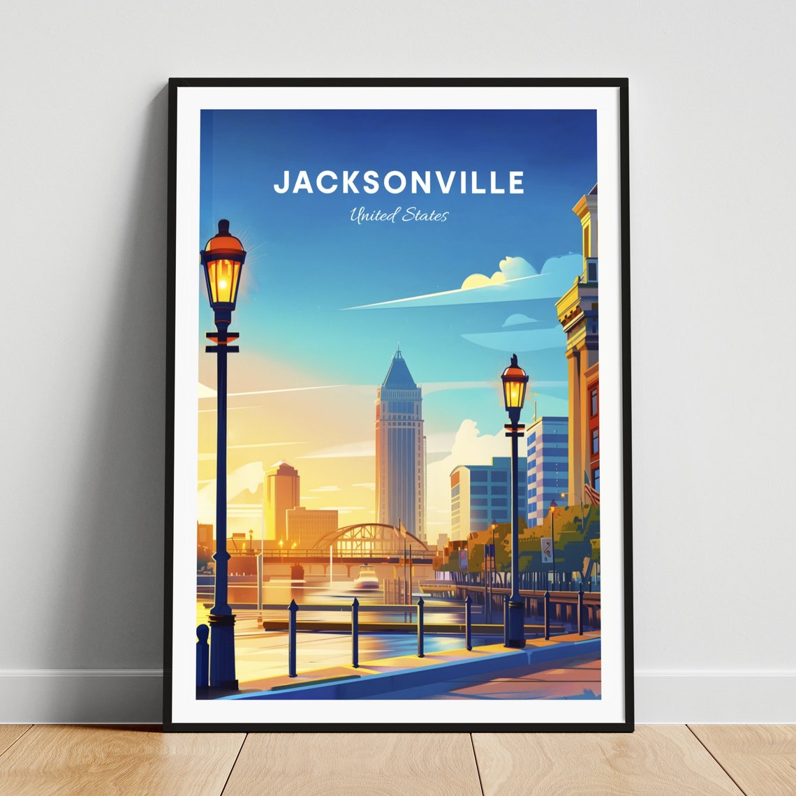 Jacksonville Florida Riverfront Sunset Skyline Travel Poster