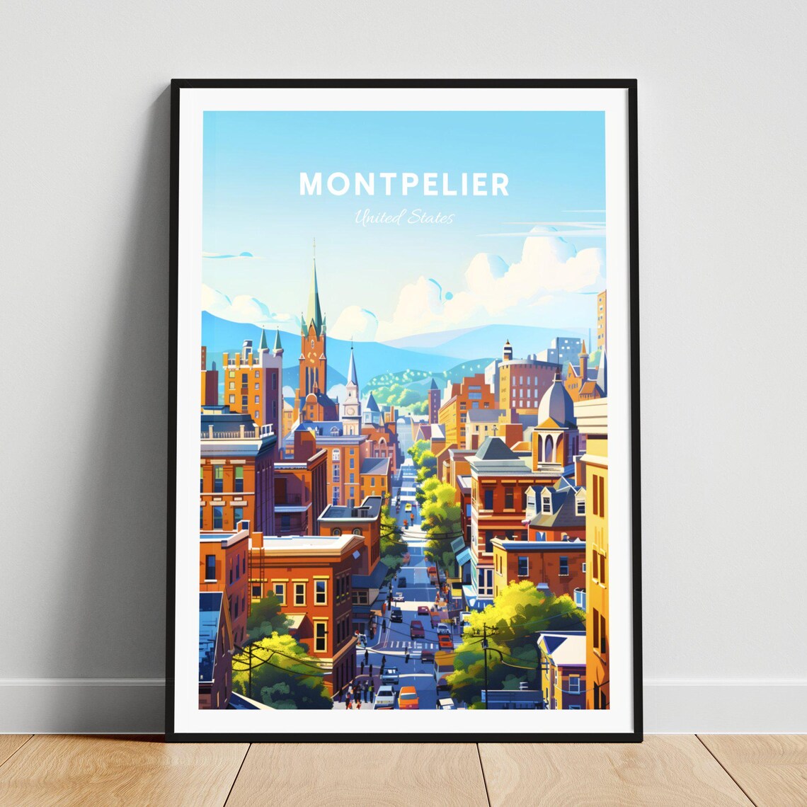Montpelier Vermont Busy Main Street Spires Hills Travel Poster