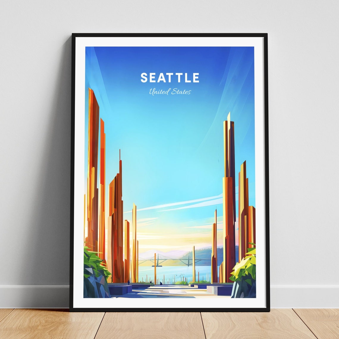 Seattle Washington Modern Skyscraper Canyon Bridge Travel Art Poster