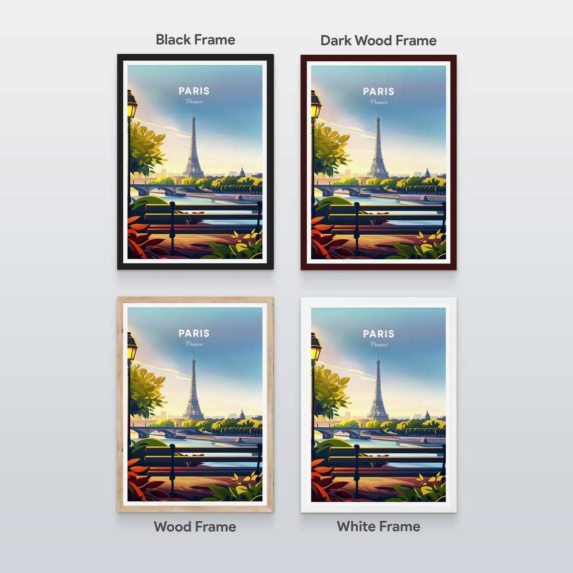 Paris France Eiffel Tower Riverside Park Bench View Travel Poster - Image 2