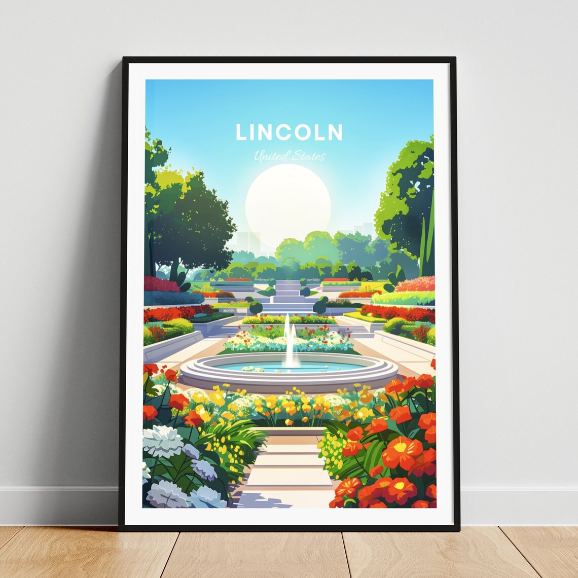Lincoln Nebraska Sunlit Garden Fountain Floral Daytime Travel Poster