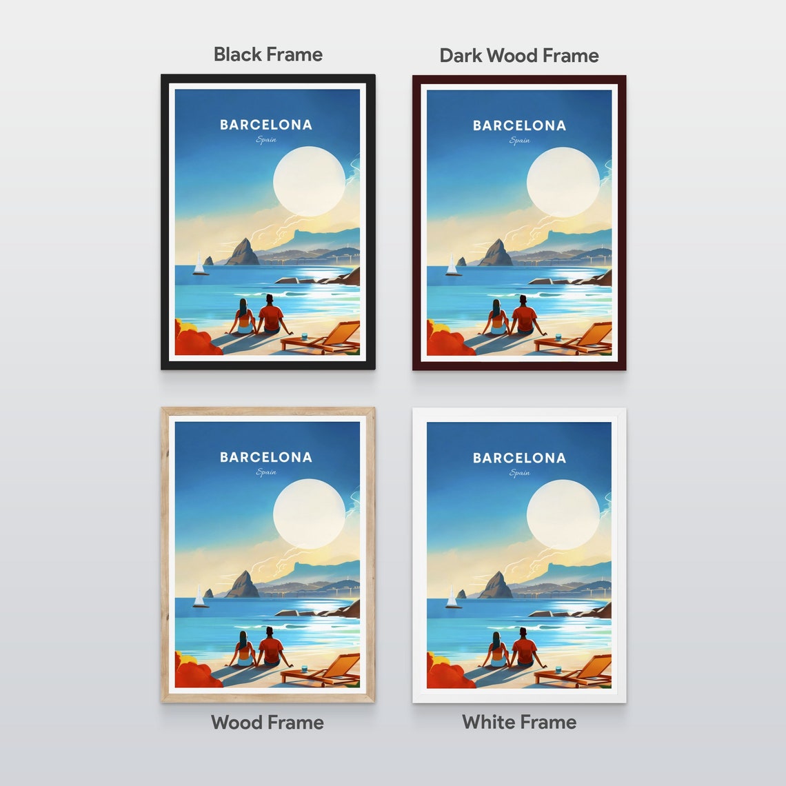 Barcelona Spain Couple Watching Sunset Beach Sail Travel Poster - Image 2