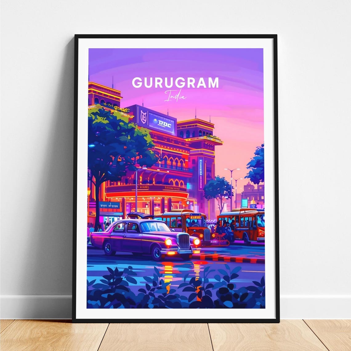Gurugram India Dusk City Street Lights Vintage Car Travel Poster