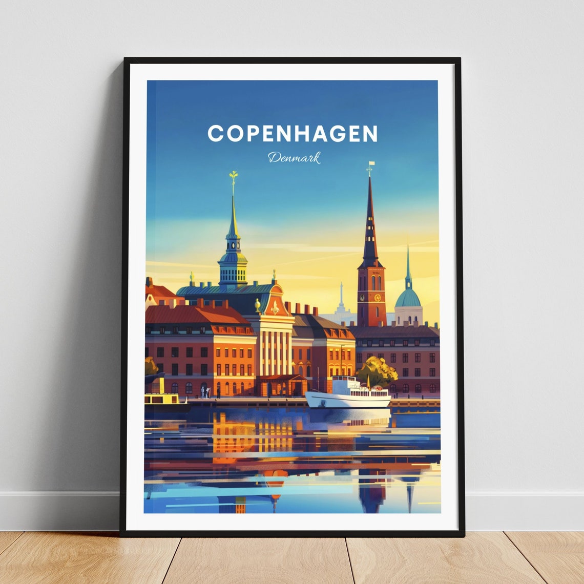 Copenhagen Denmark Sunset Harbor Skyline Evening Travel Poster