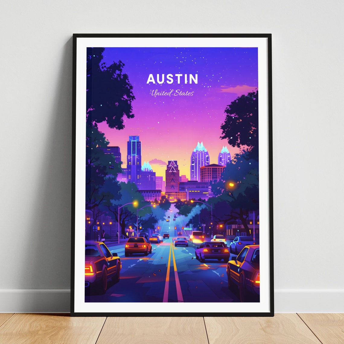 Austin Texas Night City Street Under a Starry Violet Sky Poster