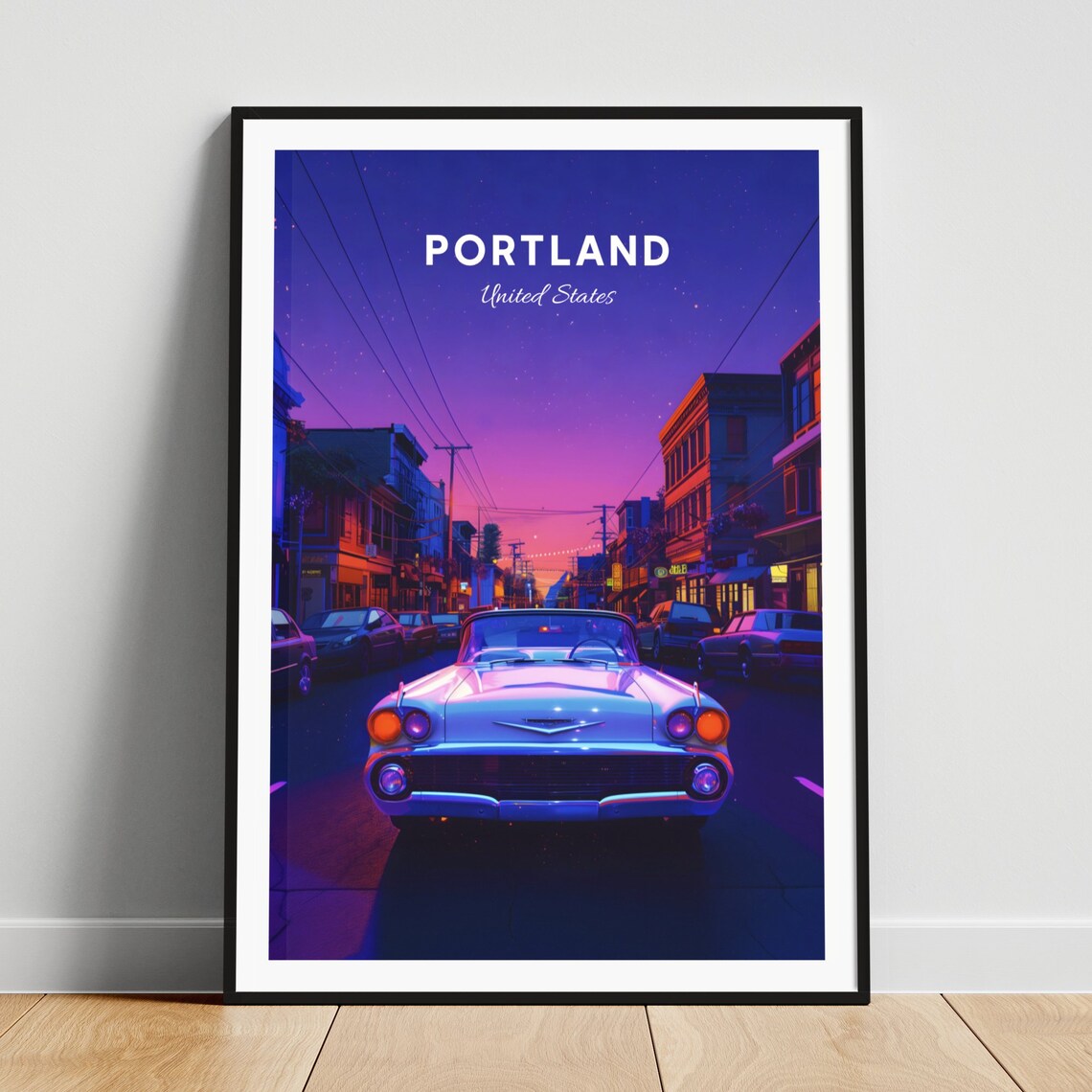 Portland Vintage Convertible on a Neon Lit Night Street Travel Poster