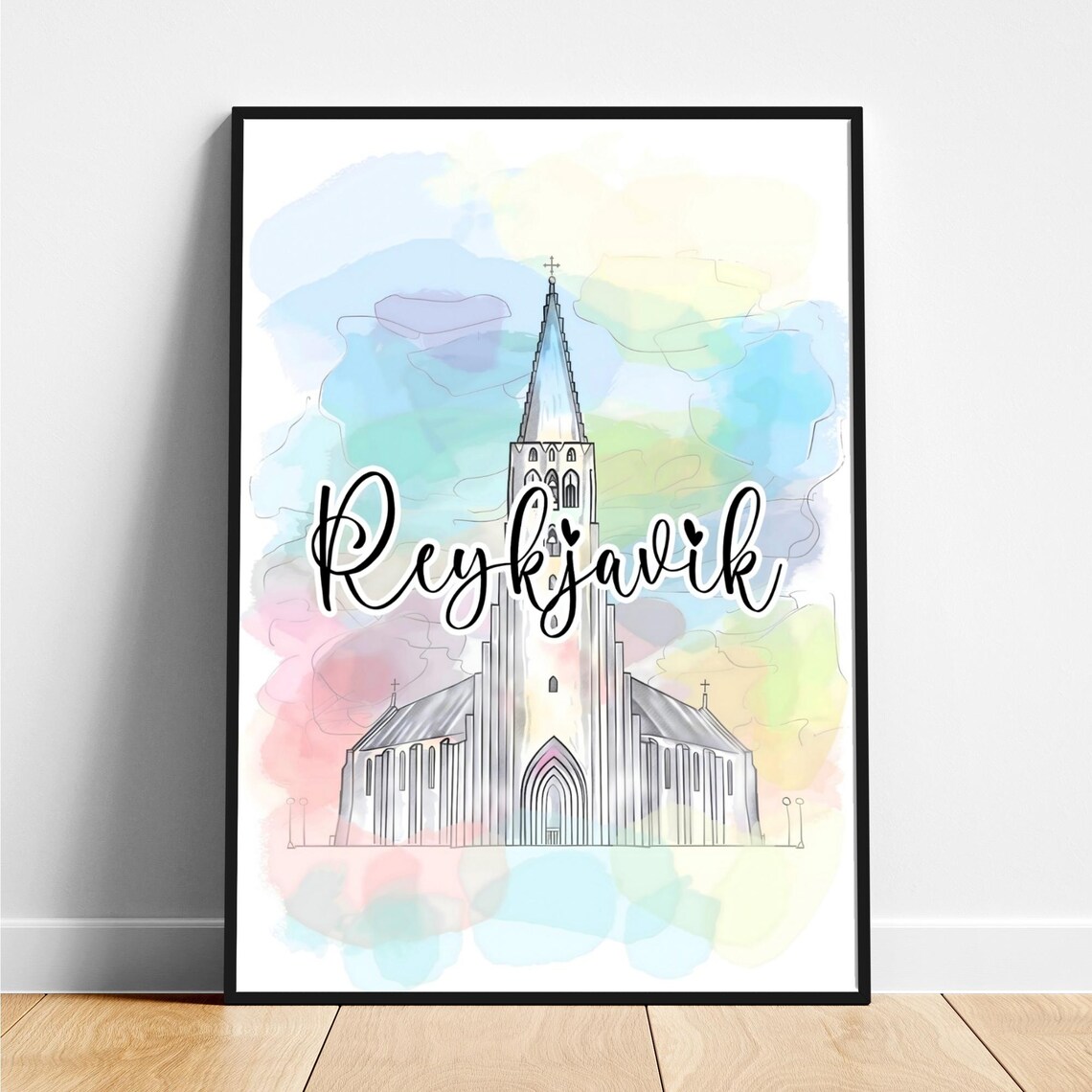Reykjavik Hallgrimskirkja Church Watercolor Pastel Travel Poster