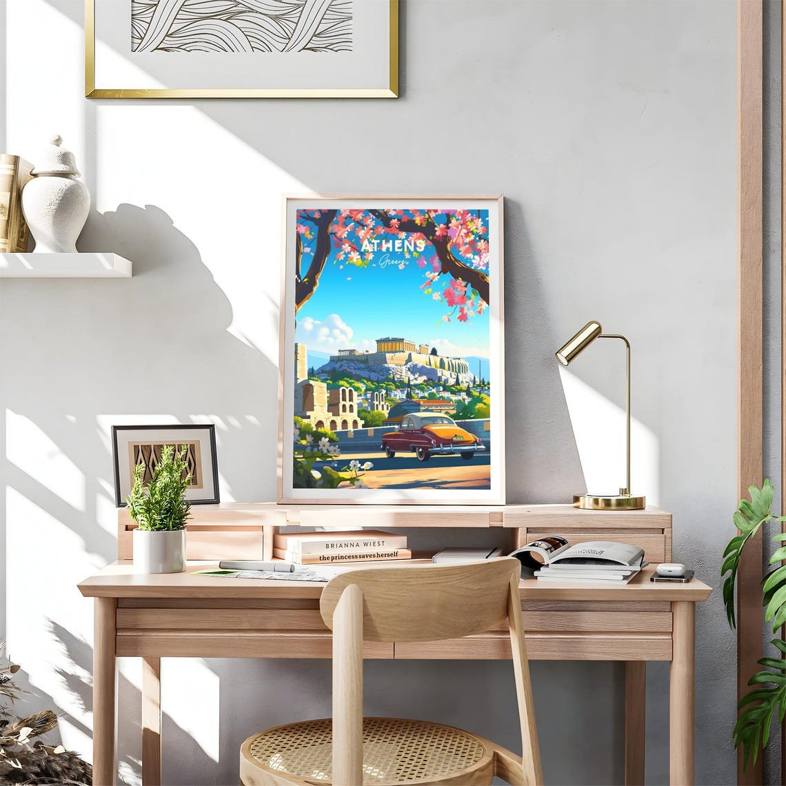 Athens Greece Acropolis Vintage Car Cherry Blossom View Travel Poster - Image 4