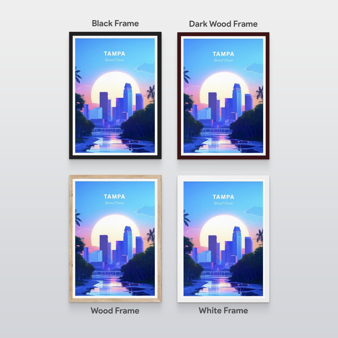 Tampa Florida Skyline At Dusk Over Water Golden Sun Travel Poster Art - Image 2