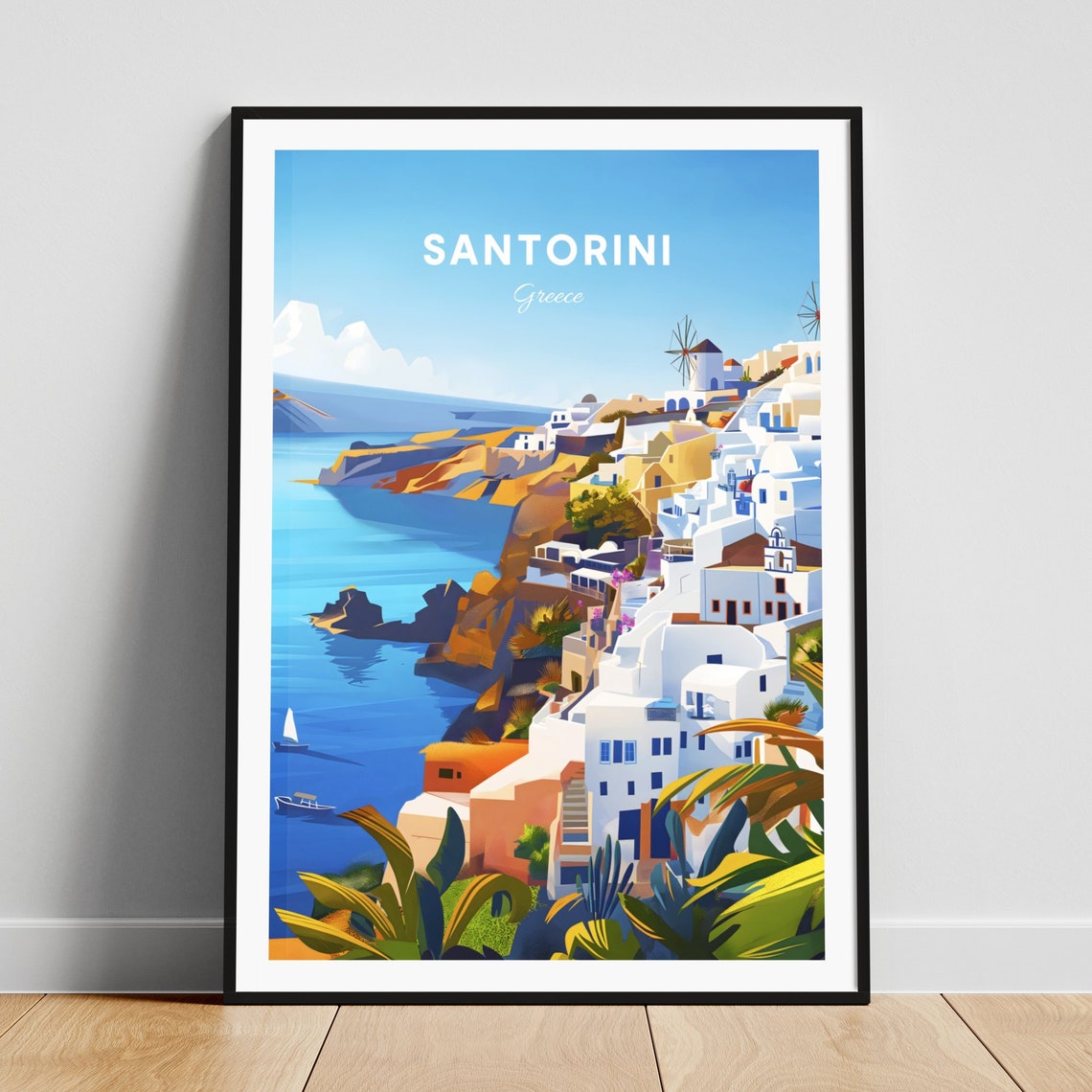 Santorini Greece Windmill White Village Caldera View Travel Poster