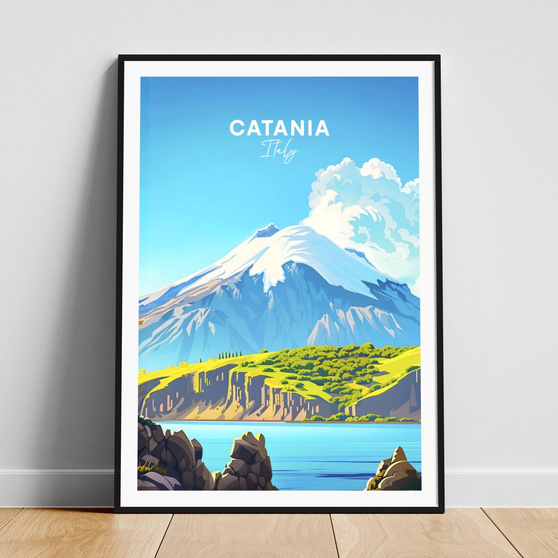 Catania Italy Mount Etna Snow Capped Peak Coastline Travel Poster