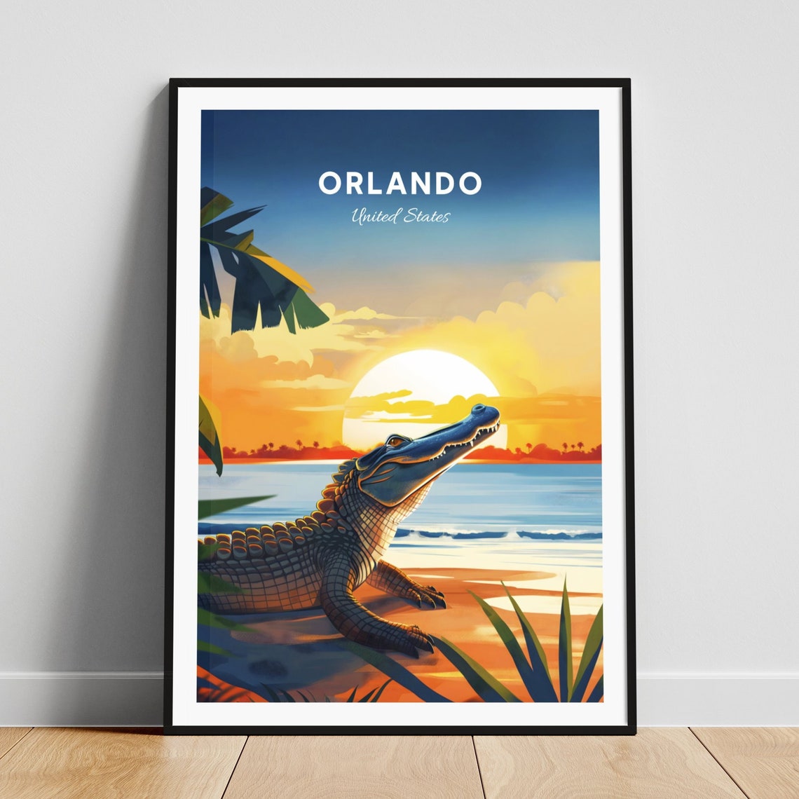 Orlando Florida Alligator Sunset Beach Wildlife Vintage Travel Poster