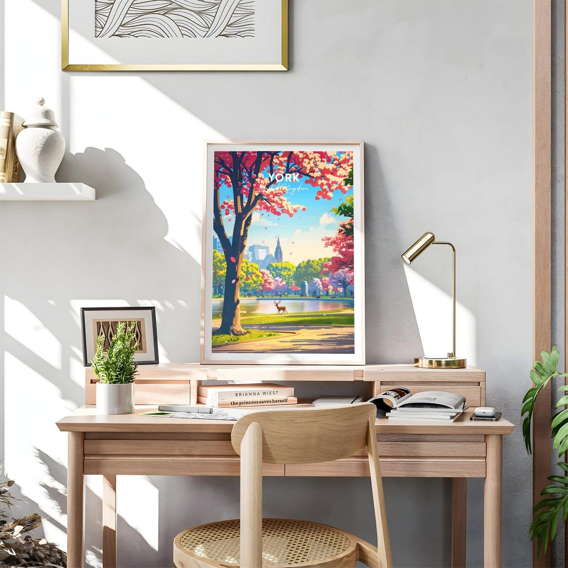 York Park Blossom Trees Lake Deer Skyline Spring Travel Poster - Image 4