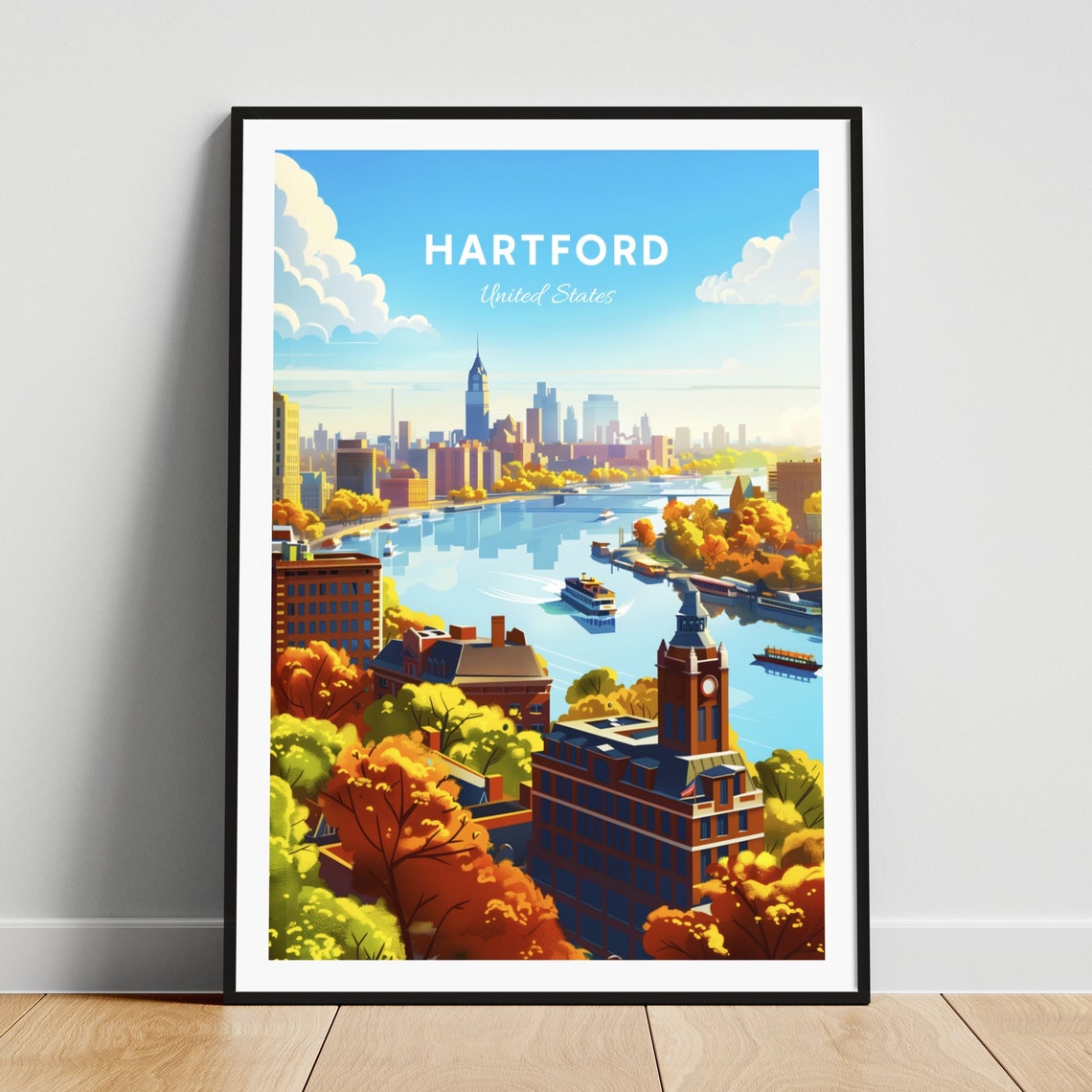Hartford River Ferries Autumn Trees and Skyline Travel Poster